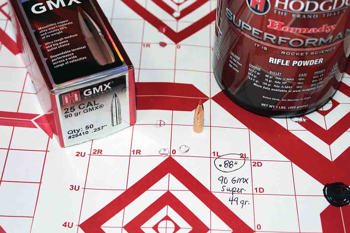 Handloaded Hornady 90-grain GMX bullets did the best work from this Ruger No. 1 seated over 49 grains of Hodgdon SUPERFORMANCE powder. This three-shot, 100-yard group measured .88 inch.